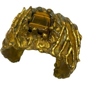 Tiger Eye Cuff Bracelet VINTAGE HANDMADE Oxidized BRASS Oversized Prong Setting